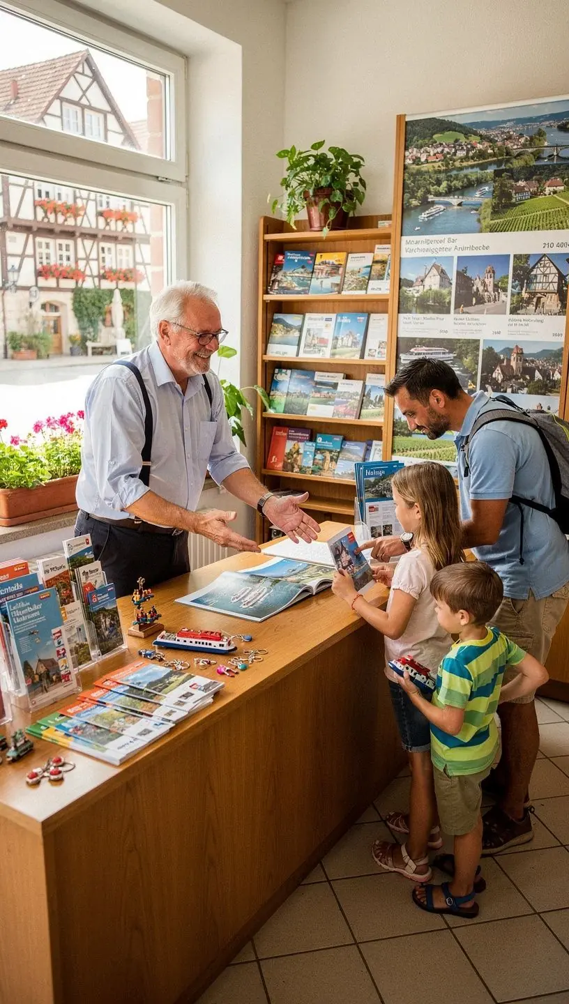 Gäste, die an der Rezeption eines Buchungsbüros für Flusskreuzfahrten beraten werden